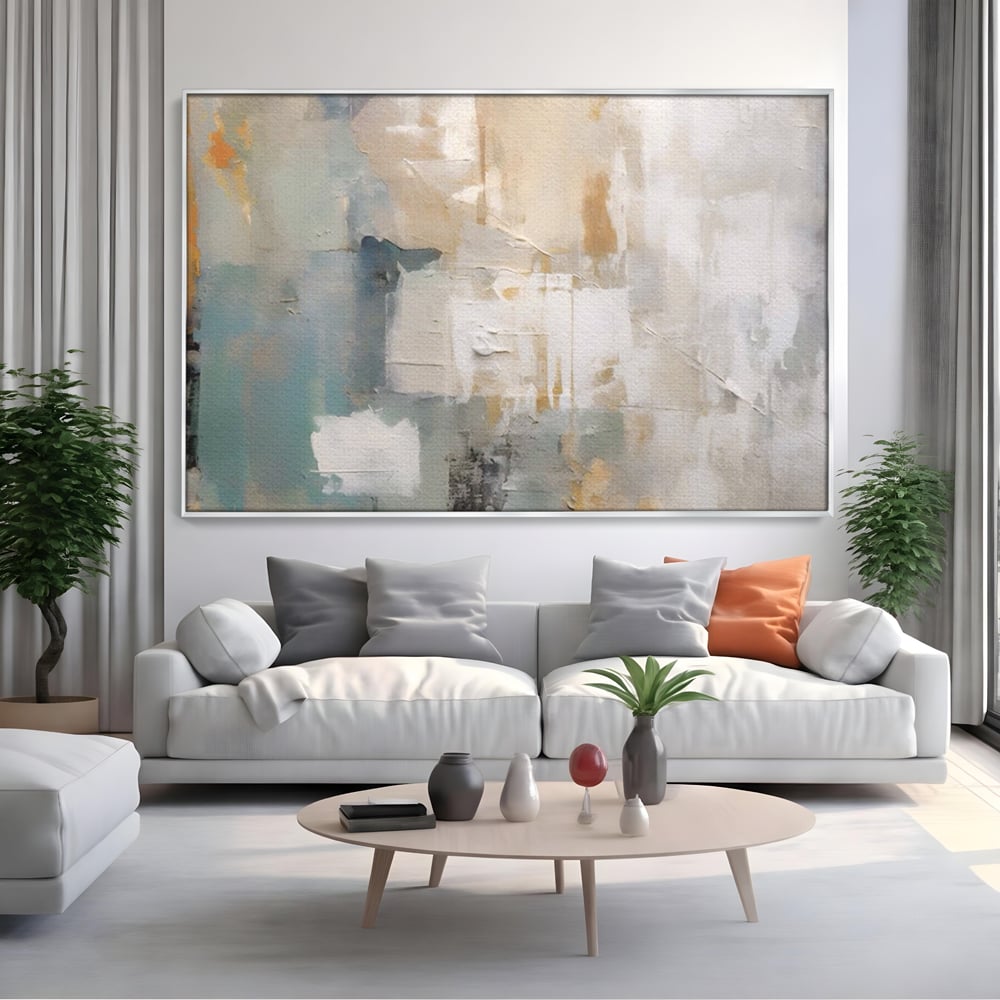 Tablou canvas cu pictura abstracta cu texturi alb, gri si turcoaz, in rama de aluminiu argintiu, pe perete intr-un living